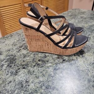 A New Day Black and Tan Wedge Sandals with Cork Heel